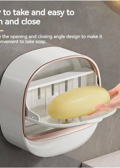 Wall Mounted Soap Box, Self Draining Soap Dish with Lid, Waterproof Adhesive Soap Holder for Bathroom