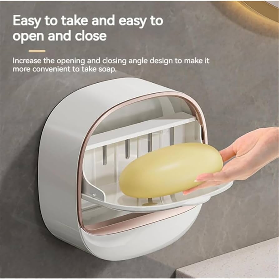 Wall Mounted Soap Box, Self Draining Soap Dish with Lid, Waterproof Adhesive Soap Holder for Bathroom